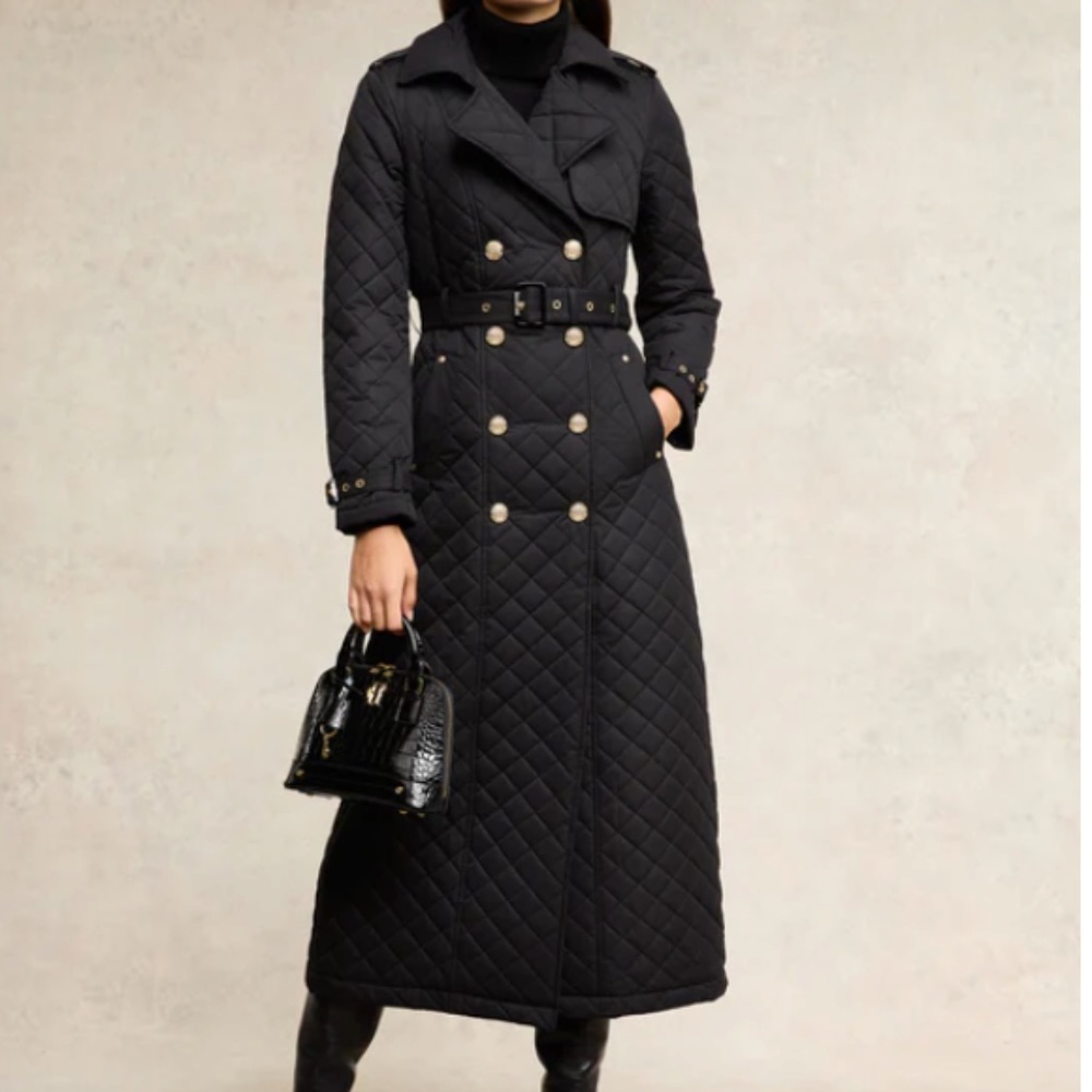 Holland Cooper Full Length Black Enstone Quilted Trench Coat UK Size L NWT
